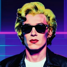 portrait of max headroom wearing sunglasses, synthwave, andy warhol, digital art,