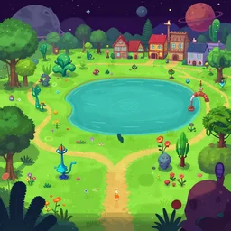 third person view, in a park and next to a lake, in a small town on an alien planet, with strange alien plants and flowers, from a space themed Serria point and click 2D graphic adventure game, made in 2019, high quality graphics