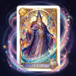 a trading - card of a wizard surrounded by a whirlwind of magical particles ushing inside the metaverse, half body, fantasy, intricate, elegant, highly detailed, colorful, vivid color, digital painting, artstation, concept art, art by artgerm and greg rutkowski and alphonse mucha and ruan jia