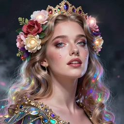 blake lively, portrait, colorful and vibrant majestic, royal, open wide eyes, drops of tear with flowers on her hair, glowing light orbs, intricate concept art, elegant, digital painting, smooth, sharp focus, ethereal opalescent mist, outrun, vaporware, cyberpunk darksynth, ethereal, ominous, misty, 8 k, by ruan jia and miho hirano, rendered in octane