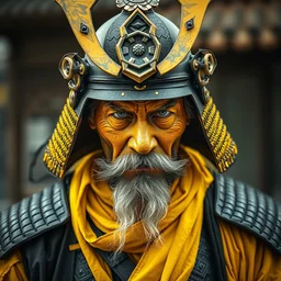 portrait old samurai hero, cyberpunk, vibrant yellow colors, surreal, french baroque style by alexander mcqueen, hyper detailed, realistic cinematic, voigtlander photography, leica 1 9 2 0, black and white, mystical, outdoor,