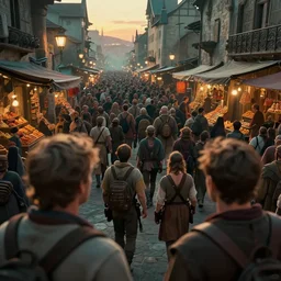 close up top down fantasy adventurers, middle of big crowd, extreme close up of two adventurers in street, shallow depth of field, roger deakins, busy market street, big crowd, sunset, street lamps, fantasy medieval city, extremely crowded, spice shop, royo, greg rutkowski, digital art, cinematic, teal orange color palette