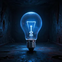 photorealistic shot of a blue light bulb in a dark room, horrific themed, wide angle shot, deep sensation, high details