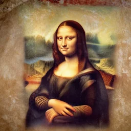photo of a pre historical Cave Painting that is a version of Mona Lisa, dslr