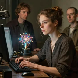 realistic portrait of an engineer woman programming the samsara holy cluster, fine portrait, concept art, stunning, visionary, hyper realistic, detailed, by brecht evens, by jean delville, by francis bacon