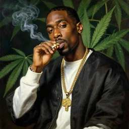 high quality celebrity painting of rap artist tupac shakur smoking a joint by the old dutch masters, marijuana leaves in background, rembrandt, hieronymous bosch, frans hals