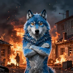 drawing of anthropomorphic blue wolf with arms crossed in front of a burning orphanage, cinematic composition