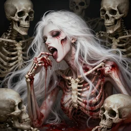 extremely beautiful panting of goddess of the realm of the dead, half woman half skeleton, covered with blood, surrounded by skeletons, extremely high detailed face, long white hair, artstation, by ilya kuvshinov, greg rutkowski and makoto shinkai, trending on artstation