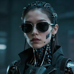 vfx film closeup, retrowave necromancer cyberpunk beautiful robot woman, sunglasses, modifications, atmospheric, flat color profile low - key lighting award winning photography arri alexa cinematography, hyper real photorealistic cinematic, atmospheric cool colorgrade