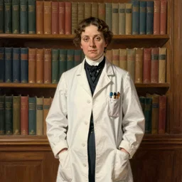 a character portrait of a lady doctor, centered, year 1 8 0 0, illustration, standing in front of a book!!! shelf!!! with a lot of books, facing the camera, by andrew bosley and vincent dutrait