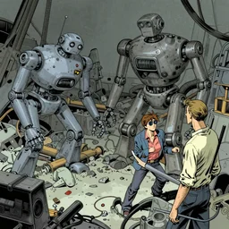 muted color palette Jean-Baptiste Monge and Alex Ross and Jean Giraud a Moebius artwork of a cluttered robot junkyard