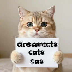 realistic high quality photo of a cute cat holding a sign with text that reads : dreamcats caaats, cats, cas