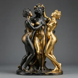 black pearl and gold sculpture of three beautiful sensual curvy black figures embracing each other in ecstasy and climax,