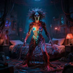 rgb, glowing, extreme rage, maximalist bedroom, woman, cinematic, movie scene, inspired by zdzislaw beksinski, clothes made out of veins,, cables everywhere, bedroom, ultra realistic, concept art, intricate details, highly detailed, photorealistic, octane render, 8 k