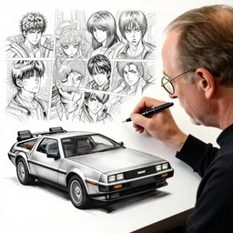 doc emmett brown looks at his delorean, pen and ink, intricate line drawings, art by krenzcushart, by yoshitaka amano, kentaro miura, artgerm, wlop,