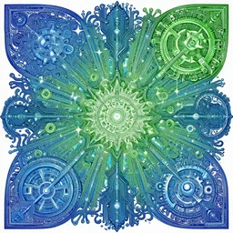 shades of blue and green forming art nouveau explosions, vivid colors, intricate, ornate, circuitry, gears, sparkle, extremely hyperdetailed line art, sharp focus