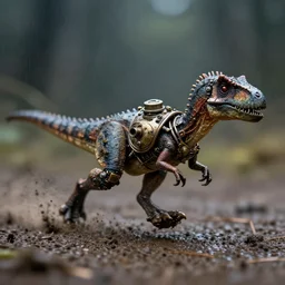 action photography, long shot, dark and rainy, award winning macro photo of an ultra detailed intricate tiny muddy steampunk velociraptor running fast on mud, fast shutter speed, motion blur, tiny gaussian blur, highly detailed, highly intricate, depth of field, national geographic