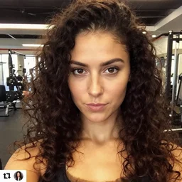 face close - up small chin mona lisa mixed with female influencer face in gym instagram selfie photo staring at camera with curly hair in gym photo by annie leibovitz # gym # photography # beauty