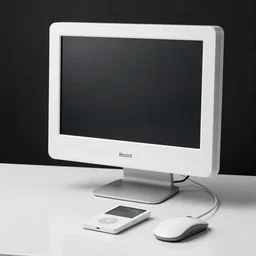 early 2010s blobject computer monitor and mouse. ipod classic style. whites and grays. 4k photography