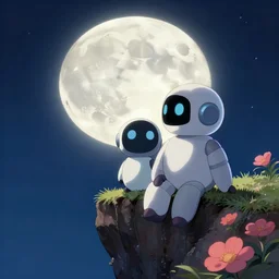 a cute robot couple sitting over the precipice, looking at moon, studio ghibli, pixar and disney animation, sharp, rendered in unreal engine 5, anime key art by greg rutkowski, bloom, dramatic lighting
