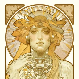 intricate poster art by alphonse mucha and emek, a large robot head in the middle with hundreds of wires plugged into it's face, digital art, poster frame, concert poster