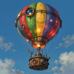 travel balloon in the sky, steampunk, final fantasy, glowing lights, epic fantasy, colorfully, digital art, highly saturated colors, concept art, detailed illustration, hd, 4 k, digital art, greg rutkowski, dan mumford, studio ghibli trending on artstation