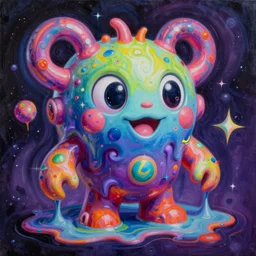 a very very extremely high quality hd surrealism acrylic painting of a 3d galactic neon complimentary colored cartoon surrealism melting creature by kandsky and salvia dali the 1024th, salvador dali's much much much much more talented painter cousin, 4k, ultra realistic