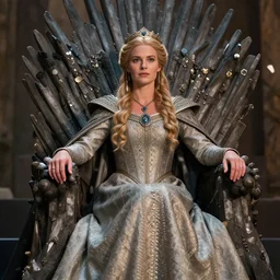 photograph of a real-life beautiful nordic queen with ornate dress sitting on a viking throne.  Extremely detailed. 8k