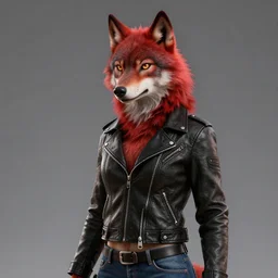 upper body shot, anthropomorphic female wolf with red fur, wearing a black leather jacket and denim pants, detailed, unreal engine 5, cinema 4 d cinematic, artstation, in the style of triateix