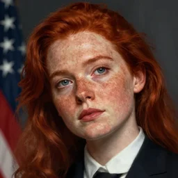 a detailed portrait of a pretty!! female with red hair and freckles who is president of the united states, 1 9 3 2, by ilya kuvshinov, digital art, dramatic lighting, dramatic angle, 2 0 th century