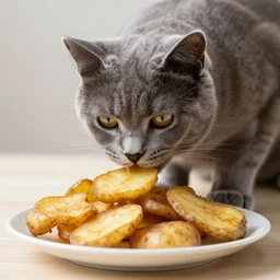 grey cat eating a plate of dry potatos photographed