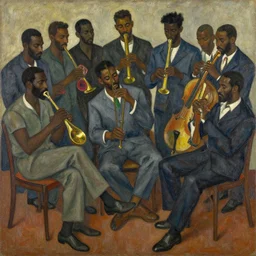 a painting of a group of men playing instruments, an ultrafine detailed painting by romare bearden, behance, black arts movement, artwork, fauvism, academic art, large brush strokes, grainy texture