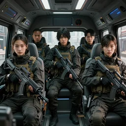 movie diverse interracial team of Japanese sci-fi futuristic robbers armed with rifles interior clean futuristic tactical van, cyberpunk city, beautiful skin, Symmetrical faces. natural lighting by Emmanuel Lubezki