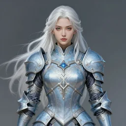 warrior, light azure armor!!! long wild white hair!! covered chest!!! fantasy, d & d, intricate ornate details, digital painting, pretty face!!, symmetry, concept art, sharp focus, illustration, art by artgerm! greg rutkowski magali villeneuve wlop! ilya kuvshinov!!, octane render