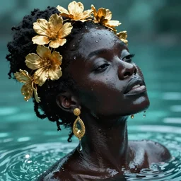 hyperrealistic modern cinematic very expressive! black oshun goddess, in water up to her shoulders, mirror dripping droplet!, gold flowers, highly detailed face, digital art masterpiece, smooth eric zener cam de leon, dynamic pearlescent teal light, tilt angle uhd 8 k, sharp focus