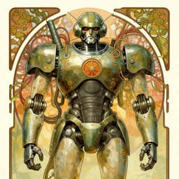 upper half portrait of army mecha robot - wires and vines as poster design borders, art by alphonse mucha & utagawa kunisada, highly detailed, digital painting, concept art, illustration, smooth sharp focus, intricate, symmetry, artstation, colourful,