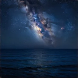 the ocean, midnight, the milk way in the sky. a classical oil on canvas, focus on the milk way