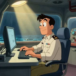 captain murphy sitting at a computer in sea lab, original cartoon style, drawn by christian danley
