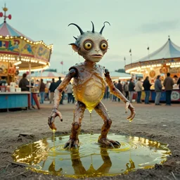 the strange creature at the county fair, made of water and oil, film still from the movie directed by Denis Villeneuve with art direction by Salvador Dalí, wide lens