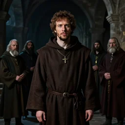 jesse eisenberg as an enigmatic medieval christian ( ( monk ) ) in a dark underground city. dark shadows, colorful, law contrasts, ( ( ( hardlighting ) ) ) fantasy portrait by jakub rozalski, jan matejko, and j. dickenson