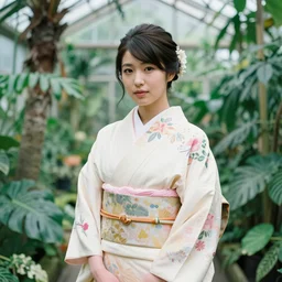 photograph of a beautiful Japanese woman wearing a pretty kimono in a tropical greenhouse, by Annie Leibowiz, extremely detailed, large format camera, Fuji Provia, bokeh, photorealistic, trending on artstation, trending on instagram