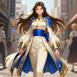 portrait of a beautiful jabami yumeko, powerful leader, luxurious street clothing, ivory and gold and royal blue accents, extremely detailed, sharp focus, wide view, full body shot, smooth, digital illustration, by, james jean, by rossdraws, frank franzzeta, sakimichan, jeremy lipking