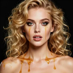 portrait of sexy provocative girl, witch, fully covered in dripping honey, by mike dargas, blonde, curly hair, clean face, slutty make up, symmetrical face, looking straight, smooth skin, ecstasy, cute, fashion editorial photography, from vogue magazine, ultra realistic, reflections, from eyes wide shut movie