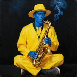 man in a yellow costume, yellow hat, holding a saxophone, smoking a cigarette, blue skin, blue smoke, black background, sitting, painting, artwork, meditative