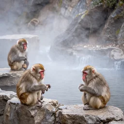 a family of japanese macaques in hot springs steam mist cascades over rocks by beksinski and dan mumford