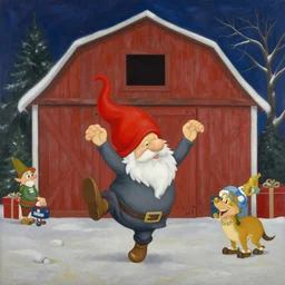 matte sharp painting, a gnome dancing in a barn, christmas, juxtapoz, artforum, gary baseman, preston blair, tex avery, dan mumford, pedro correa