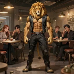 stylish muscular, male, cyberpunk anthro lion portrait, detailed cafe background full body, fine detail, anime, realistic shaded lighting, 3 point lighting, character design by ilya kuvshinov, magali villeneuve, artgerm, jeremy lipkin and michael garmash and rob rey