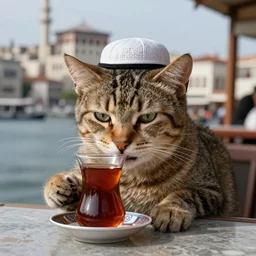cat wearing fez and drinking turkish tea in taksim square, photorealistic