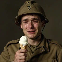 portrait, crying male soldier with an ice cream in his hand by emile friant