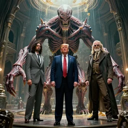 cinematic movie still,!!!!! donald trump!!!!! and!!!! baron harkonnen!!!! hybrid inside house harkonnen,! monster anatomy!, in the style of dom qwek and john howe,! anatomical, detailed,! ommatidia!, oozing goo, cinematic atmosphere, post - processing